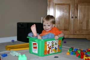 boy in Lego box